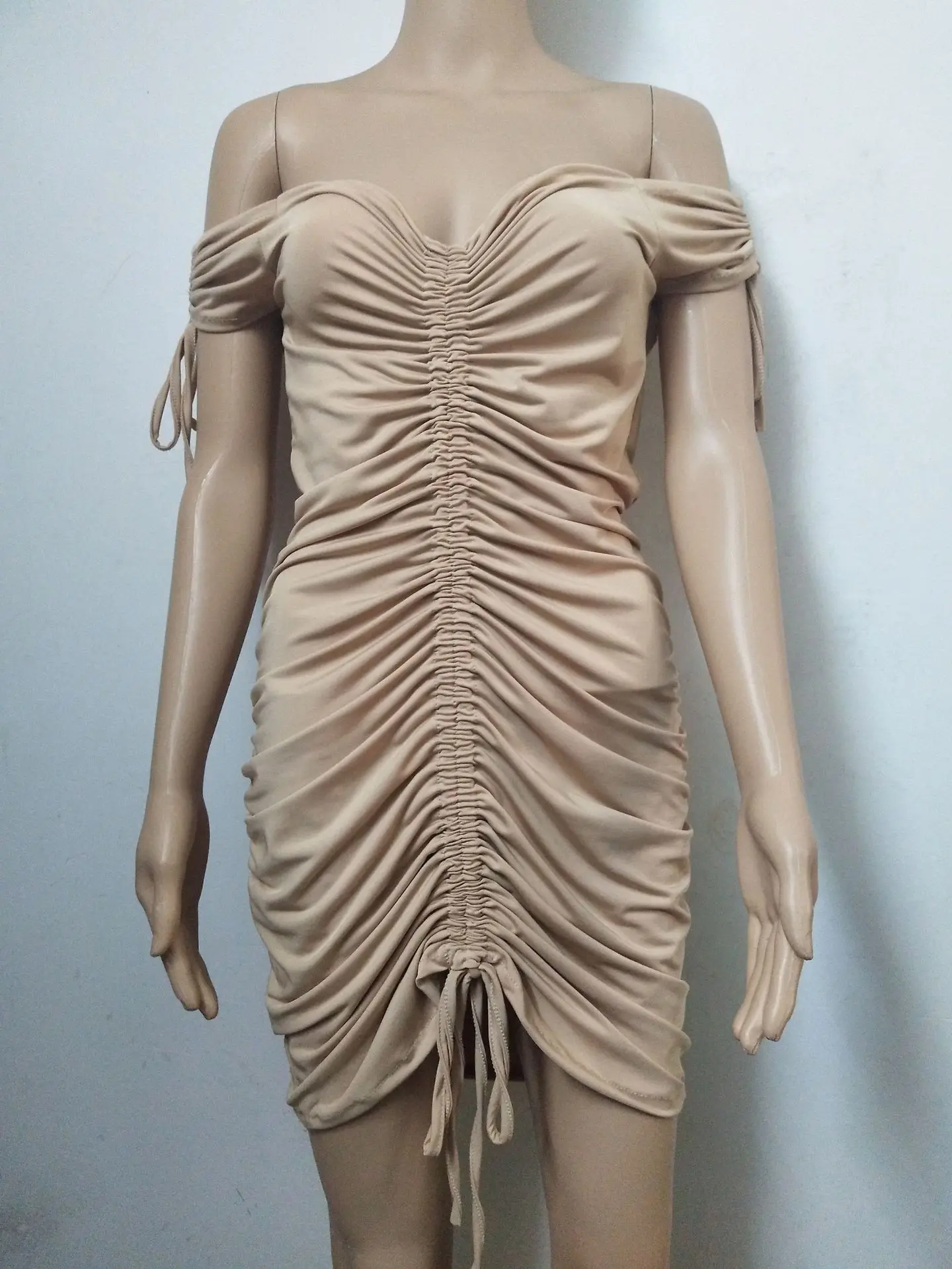 

Solid Strapless Mini Dresses Sexy Off Shoulder Vestido De Mujer Women Street Party Bandages Drawstring Slim Hip Dress for Womens