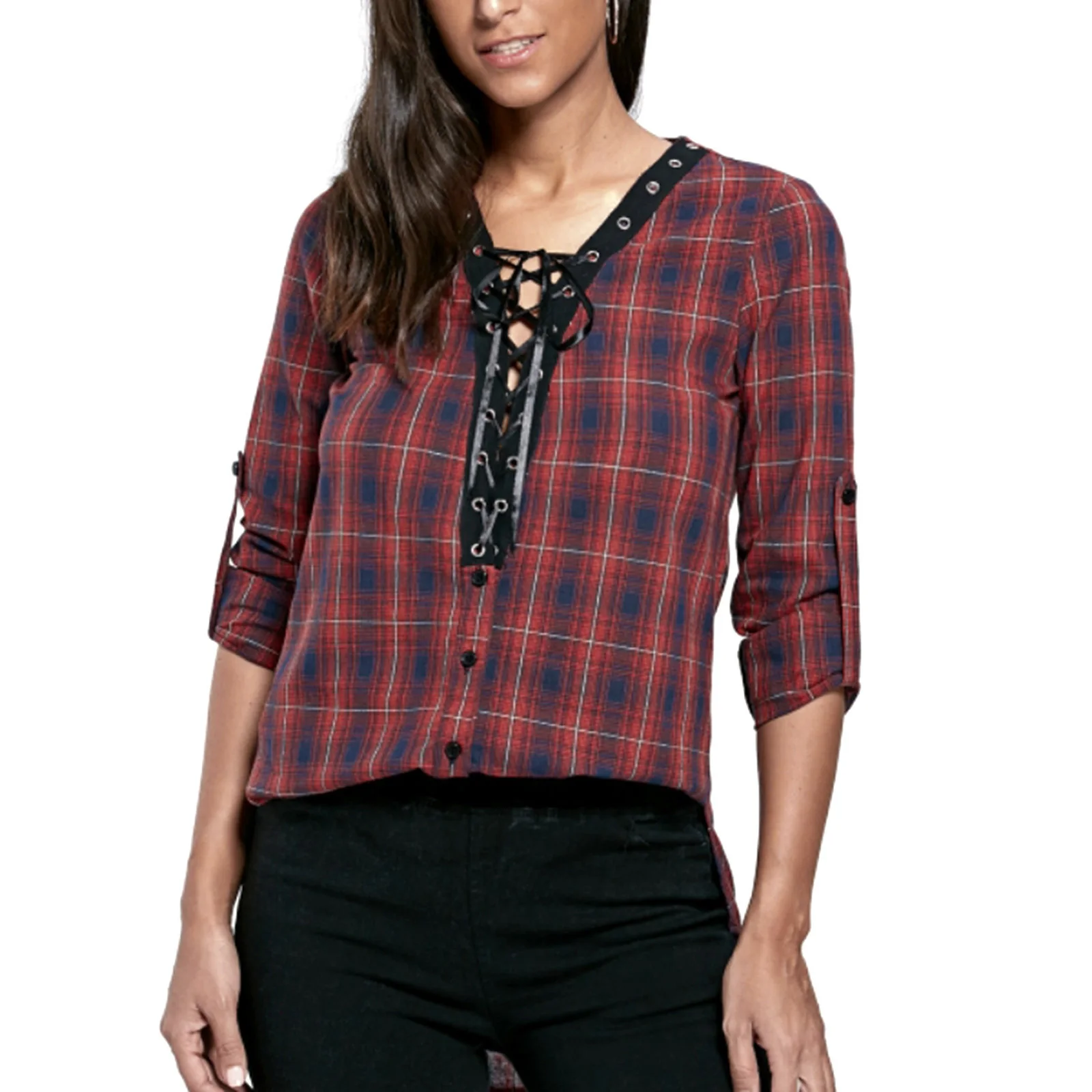 

Women Long Sleeve Tops, Wine Red Plaid Printed Pattern Plunging Neckline Blouse, M/ L/ XL/ XXL