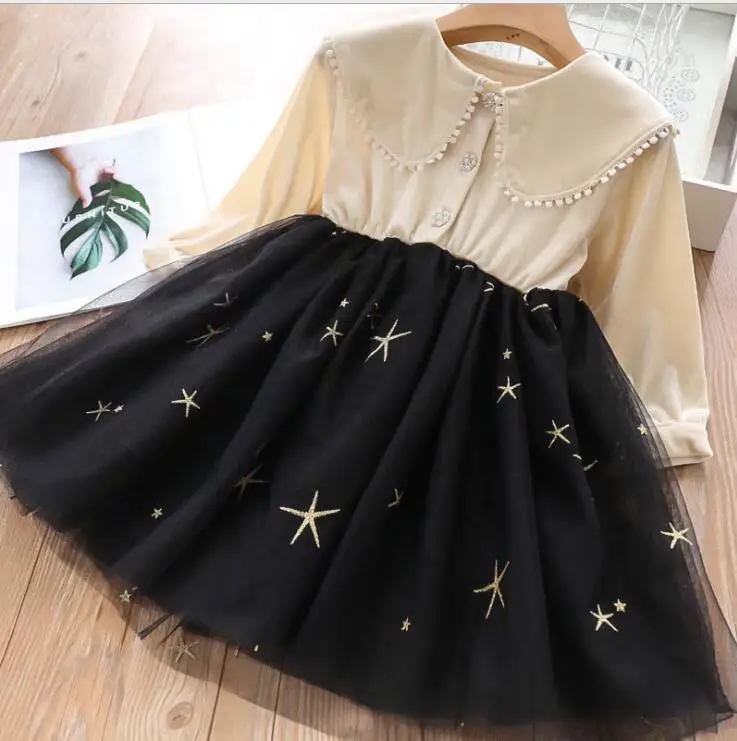 Элегантное платье для девочек осеннее принцессы с отложным воротником и принтом