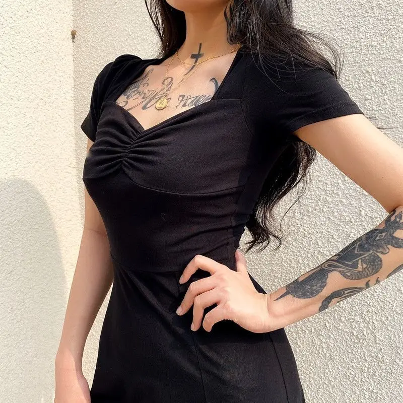 

HOUZHOU Black Dress Women Sexy Elegant Slim Ruched Dresses Summer Gothic Style Dark Sundress Square Collar Partywaer Sheath