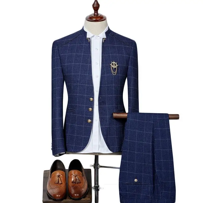 Black＆Blue Men's Plaid Suits Slim Fit Groom Wedding Suit Formal Business Wear Suits 2 Piece（Blazer+pants） Set Asian Size XXXL