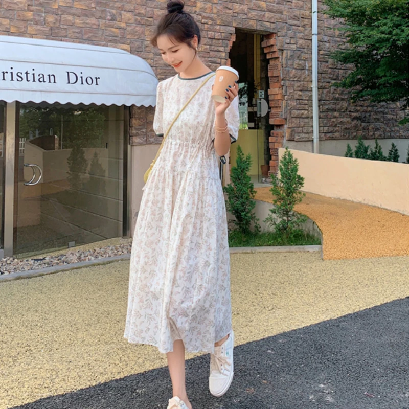 

White Dress Summer 2021 New Sweet Small Fresh Mid-length waist waist chiffon floral senior model