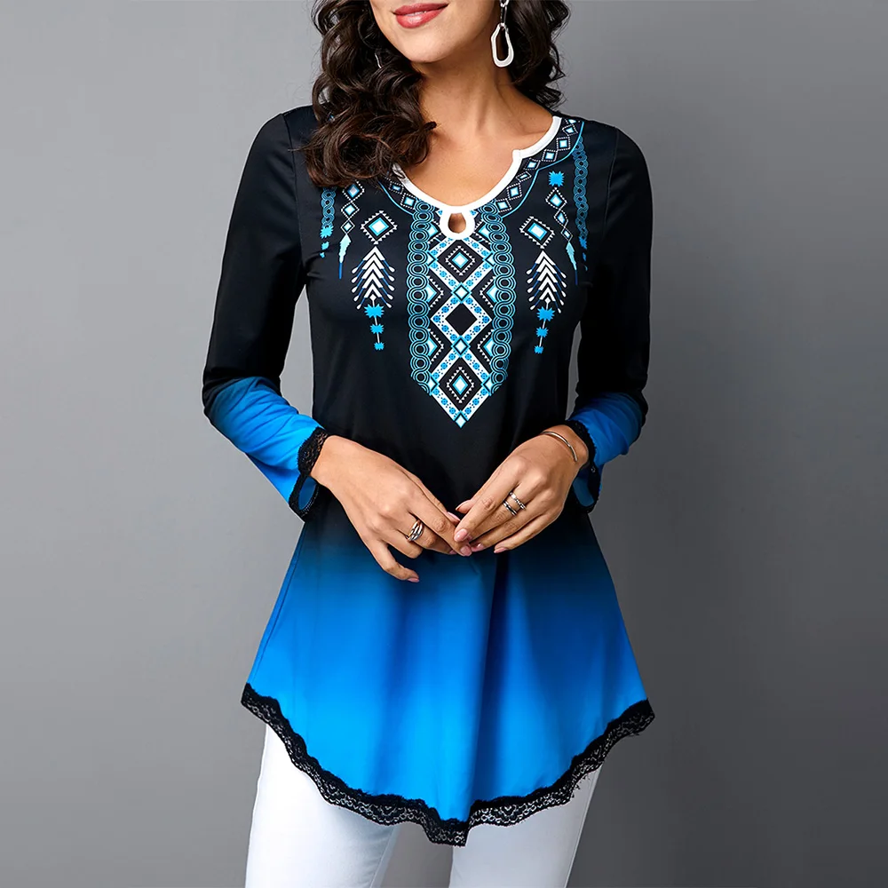 Женские топы с этническим принтом весна осень 2020 новые кружевные сшитые длинным