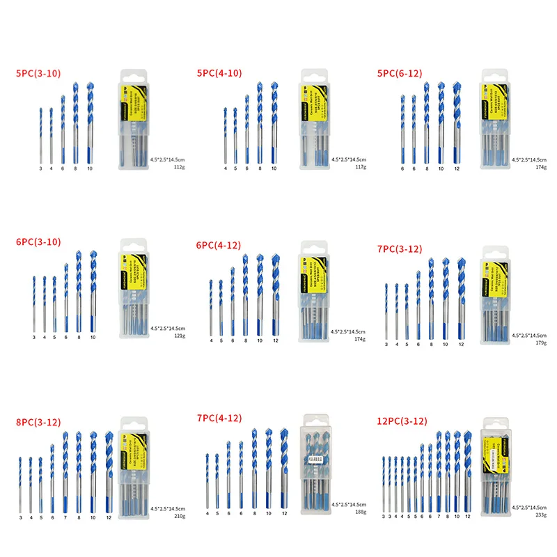 

12pcs Masonry Drill Bits Set 3/4/5/6/7/8/10/12mm Concrete Brick Stone Drilling Set Power Tool Set