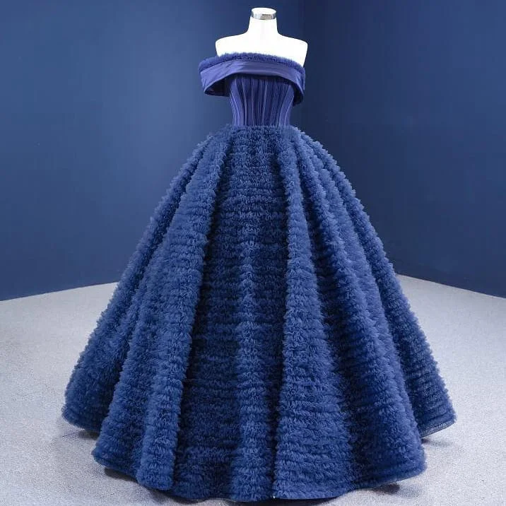 

Женское платье с открытыми плечами, многослойное Пышное Бальное платье из тюля, свадебное вечернее платье Королевского синего цвета, длинн...