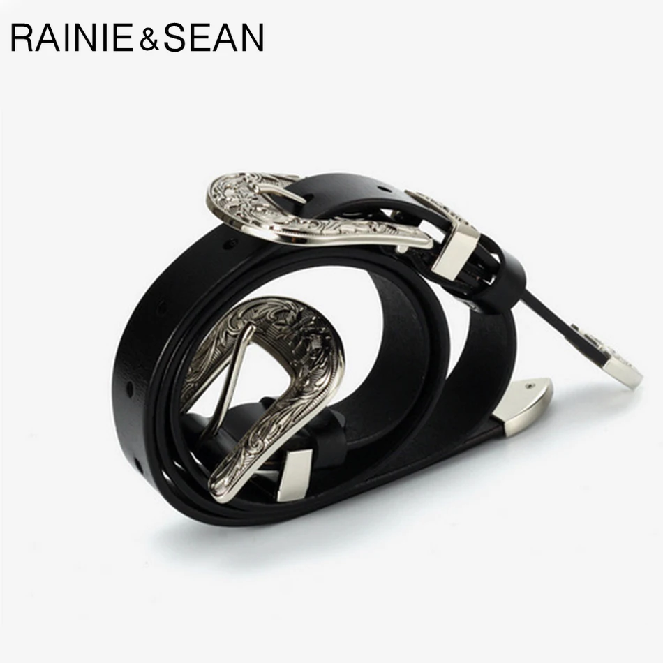 Ремень RAINIE SEAN женский из натуральной кожи с двойной пряжкой и винтажной Резной