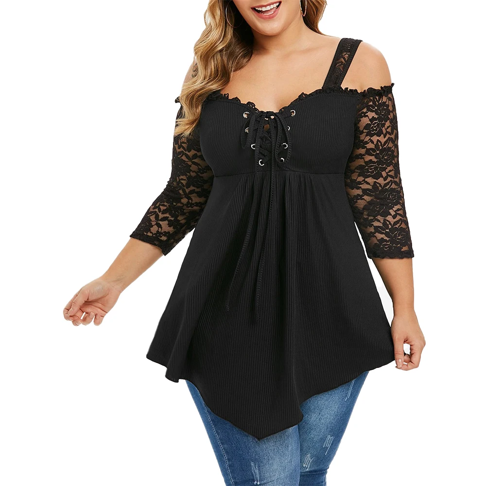 

Plus Size Women Shirt Off Shoulder Ladies Tops Lace Long Sleeve Black Blouses Shirt Casual Irregular Streetwear femme