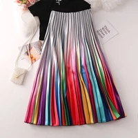contrast rainbow striped midi long skirt for women 2022 spring print a line high waist pleated mid length skirt female