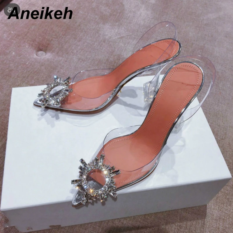 Сандалии Aneikeh женские из ПВХ Модные прозрачные туфли высокий каблук стразы с