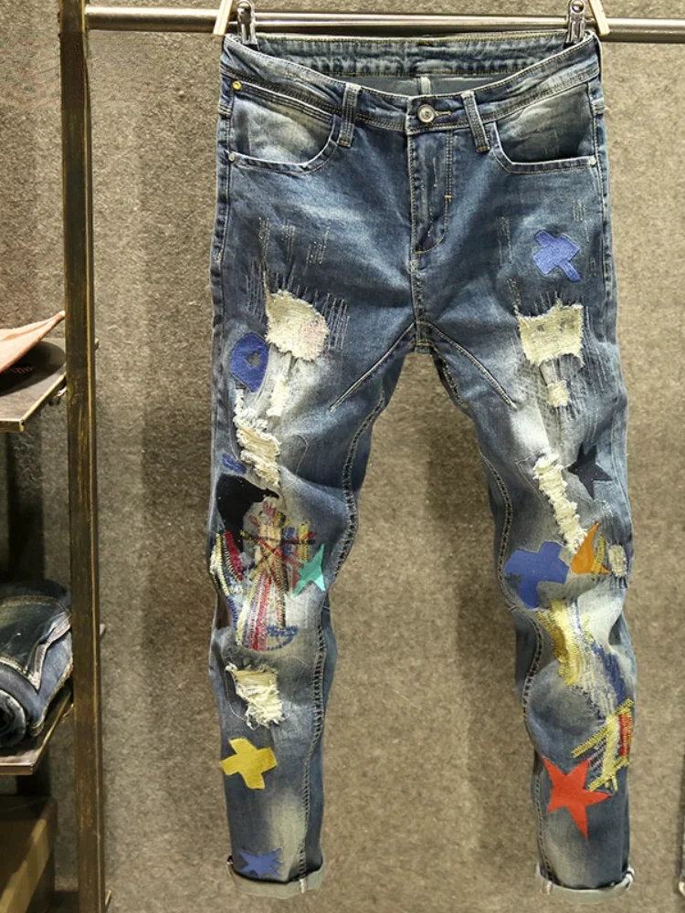 ICCLEK Blue Ripped Jeans Men's Slim Pants Baggy Jeans  Punk Pants  Patchwork Jeans  Plus Size Jeans  Skinny Jeans Men