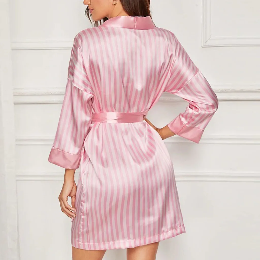 Plus Size Sexy Lingerie Women Silk Stripe Robe Satin Bathrobe Sleepwear Pajamas Lace Nightdress Nightgown Dropship #D | Женская одежда
