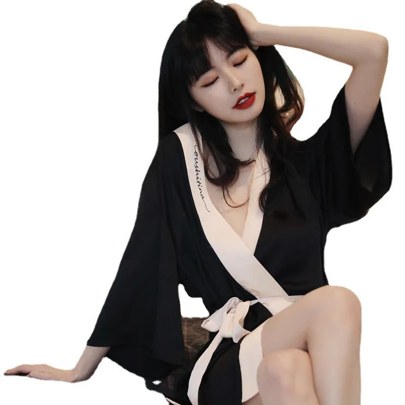 

Fashion Summer New Ice Silk Satin Pajamas Nightgown Female Short-sleeved Bride Bridesmaid Dressing Gown Stitching Sexy Bathrobe
