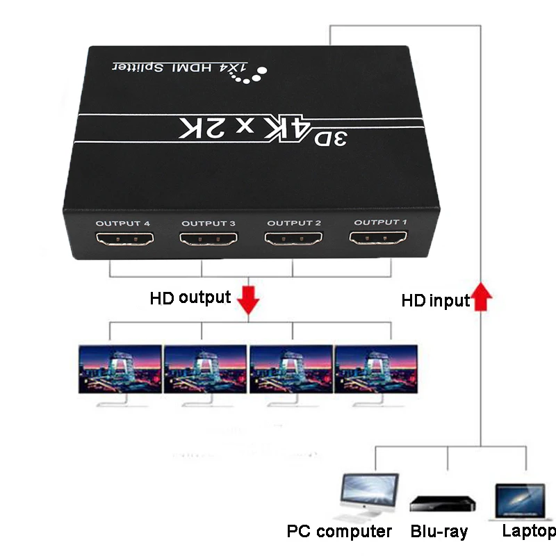 Сплиттер HDMI 1x4 Full 4k 3D видео сплиттер 1 в 4 выхода усилитель дисплея для HDTV DVD PS3 XBOX