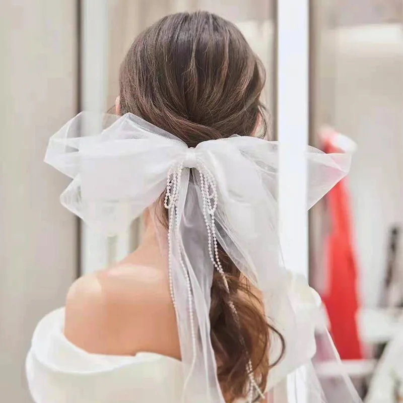 Big White Bow-Knot Women Barrette perline perle copricapo da sposa accessori per capelli da sposa filato fatto a mano velo da sposa