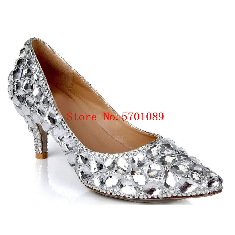 

Свадебные туфли с острым носком и сверкающим стеклом, туфли для подружки невесты из натуральной кожи Стразы с кристаллами, серебристые туфл...