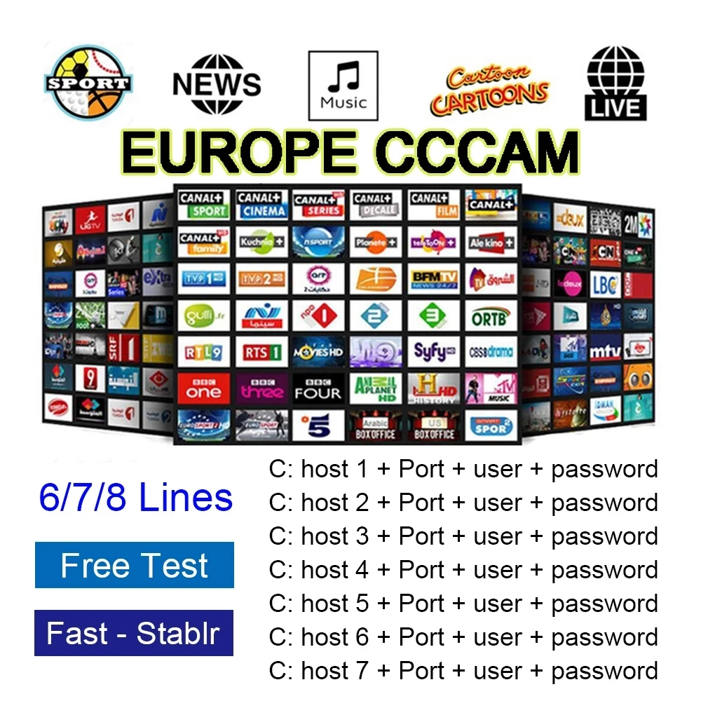

Cline de Ccam para 1 ao, 7 lÃ­neas, Europa, Espaa, Portugal, Polonia, DVB-S2, GTmedia, V8, V9, V8X, compatible con cams