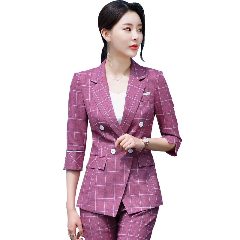 

women suits summer Half sleeve plaid blazers pants Office Lady Formal Work clothes women pants suits woman set suits 9888