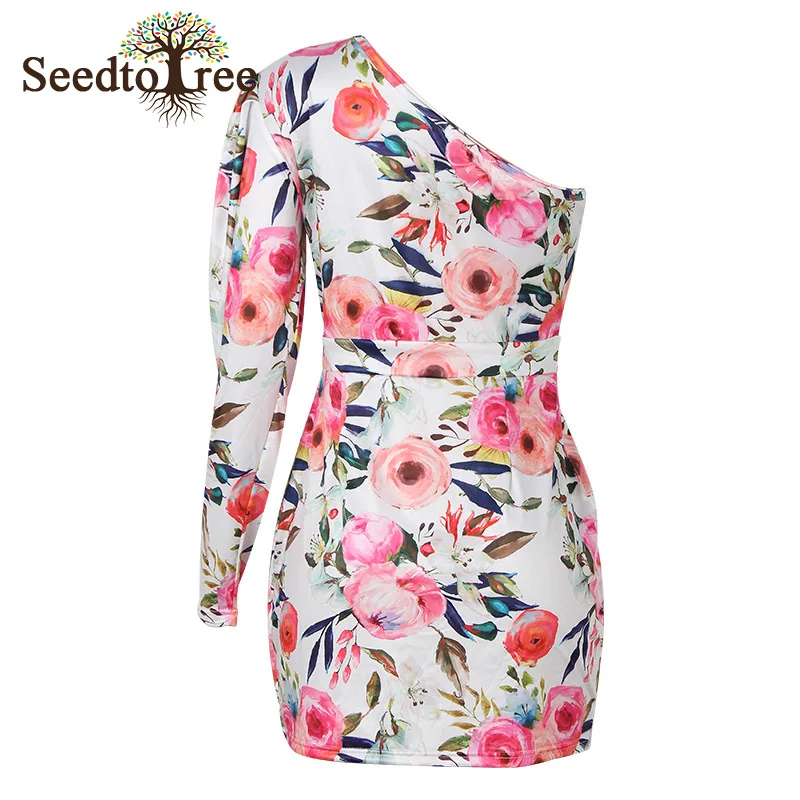 

Sexy One Shoulder Floral Print Women Bodycon Summer Dress