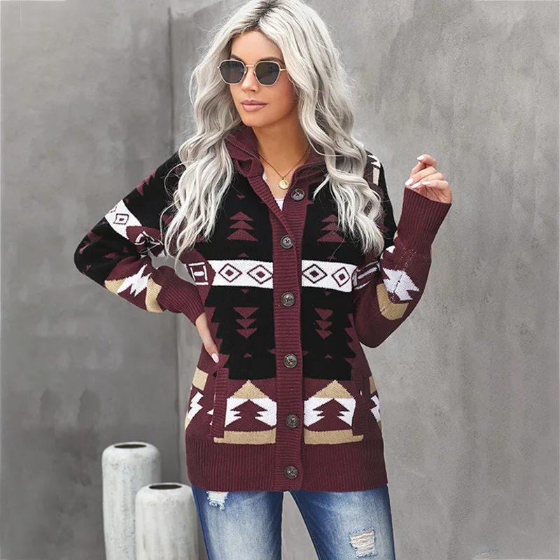 

Knitted Sweater Women's Autumn and Winter European American New Retro Pattern Button Long Sleeve Plush Coat