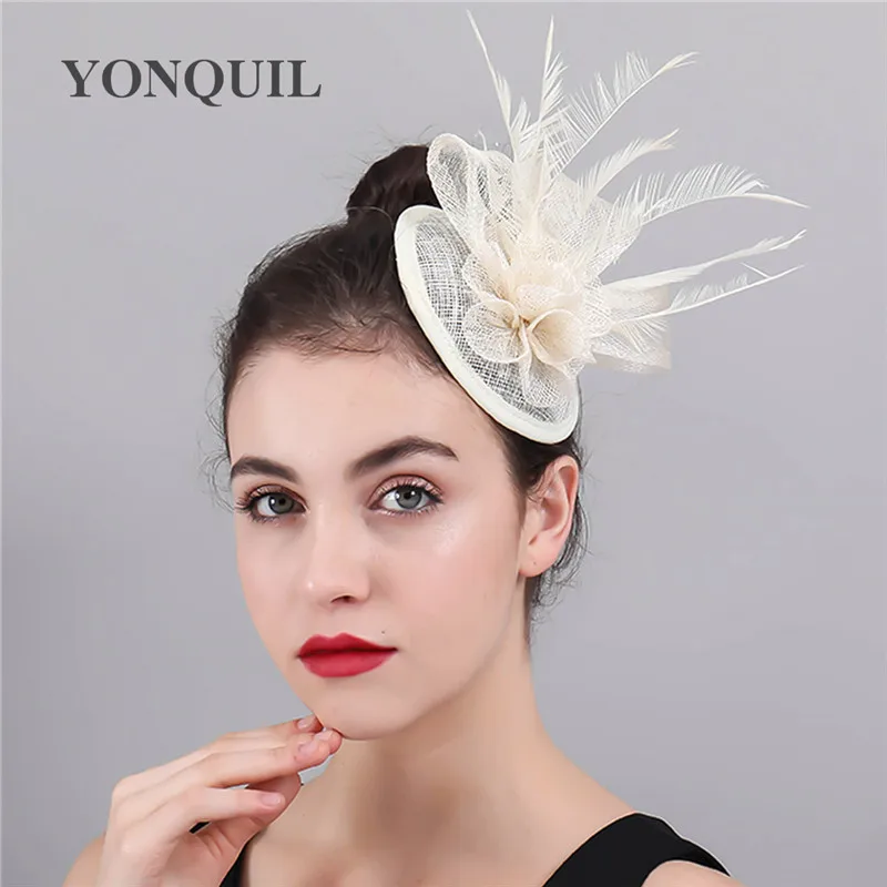 

Ivory Sinamay Hat Top Rose Wedding Fascinator Headband Hats Hair Clips Feather Headwear Party Tea Hats Chapeau Caps High Quality