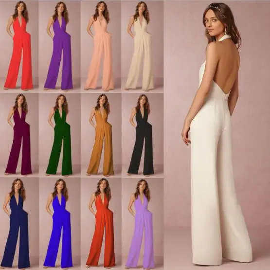 2020 Fashion Wedding Party Women Jumpsuit Sexy Sleeveless Halter Elegant Backless Wide Leg Pants Ladies Romper Overalls