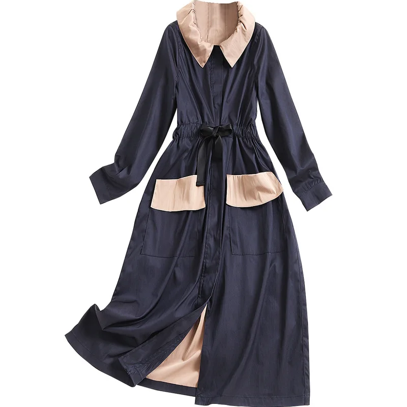 

High Quality Women's Windbreaker Design 2021 Autumn New Contrasting Color Stitching Drawstring Waist Elegant Coat 82420