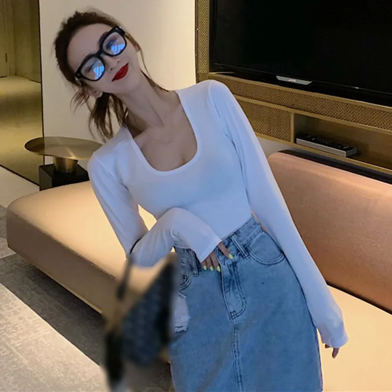 Модная женская однотонная хлопковая Повседневная футболка с длинным рукавом