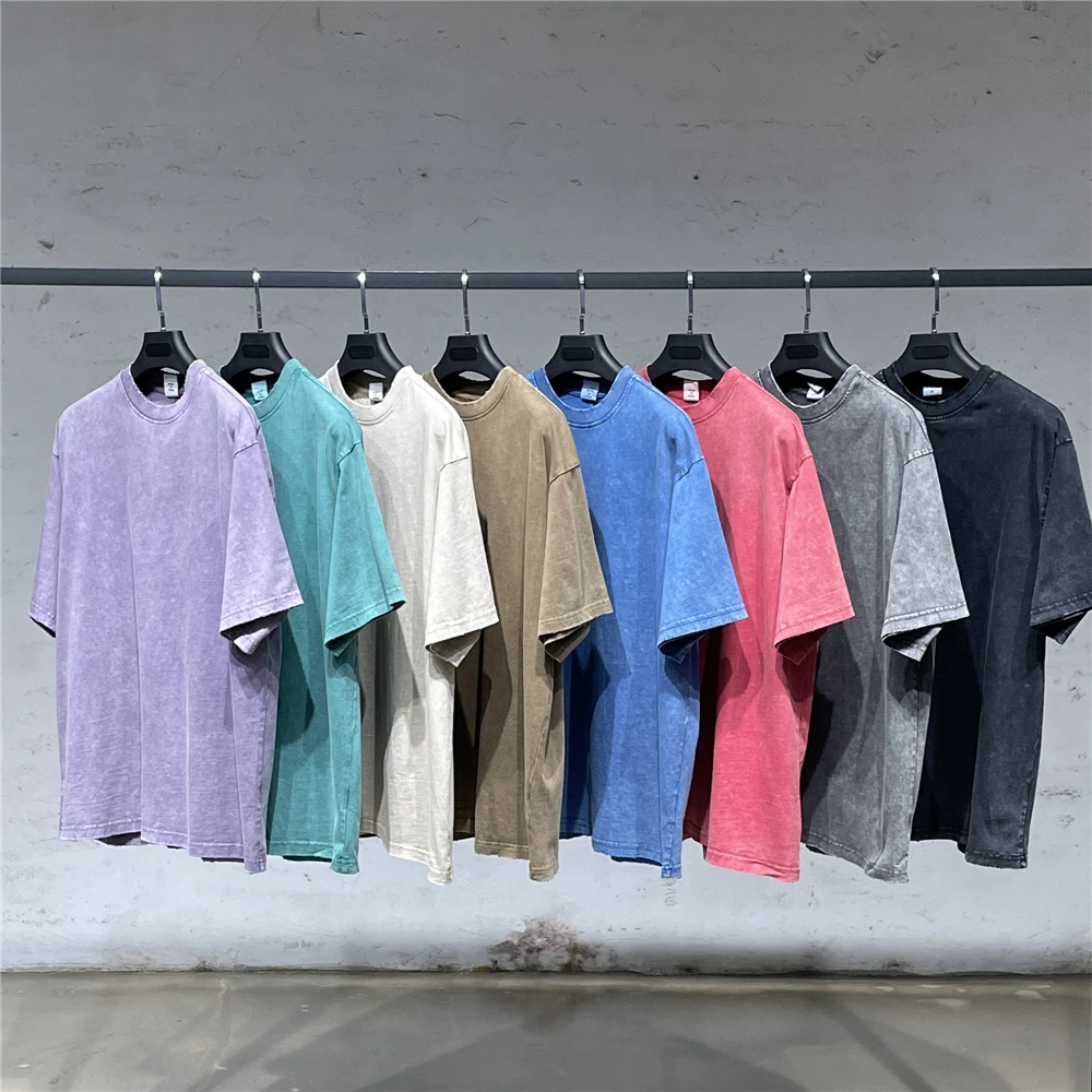 

Summer Vintage Heavy Cotton Short Sleeve T-shirt Back Central Seam Ripped Cuffs Hip Hop Tee Streetwear Eight Colors