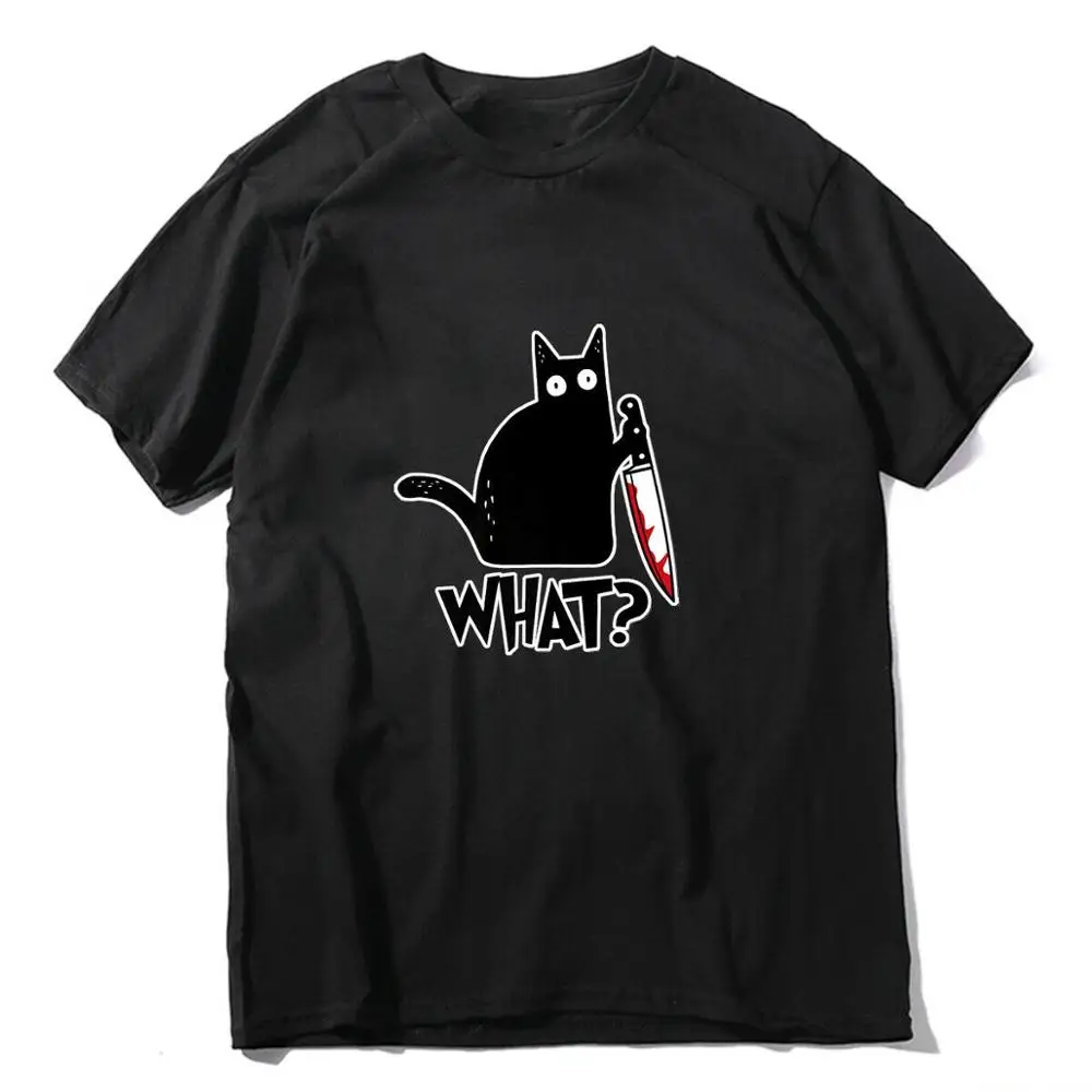 black Cat What t shirt killous Cat с ножом Забавный подарок на Хэллоуин футболка унисекс хлопковая футболка s для мужчин и женщин - Цвет: black