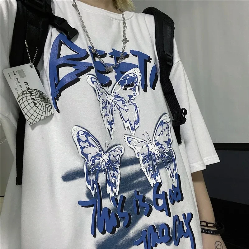 

2021 new summer ins Harajuku style wild butterfly print cartoon student Korean version of loose short-sleeved T-shirt female top