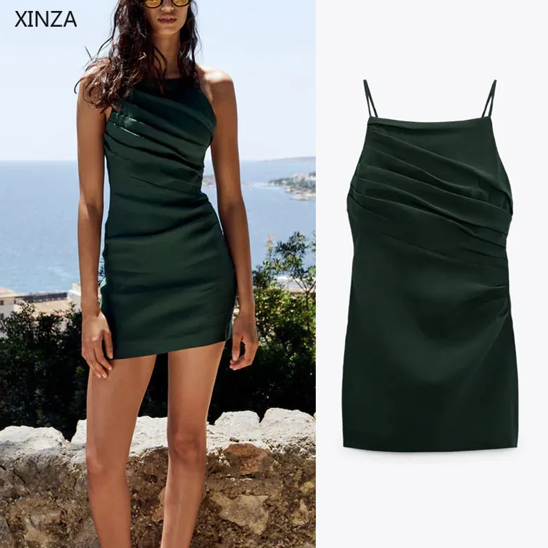 

Женское ДРАПИРОВАННОЕ мини-платье Za, винтажное зеленое пляжное платье без рукавов, с перекрестными лямками спереди и складками, лето 2021