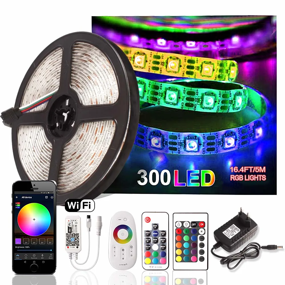 RGB лента 5 м 300 Светодиодная лента 5050 водонепроницаемая гибкая лента светодиодная неоновая лента 12 В лампа с пультом дистанционного управления адаптер питания