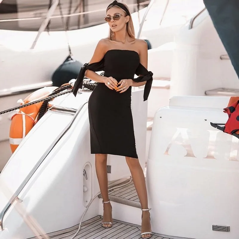 

2020 New Style for Autumn and Winter European American Style Sexy Boob Tube Top Horizontal Neck Splicing Dress Women's Clothing