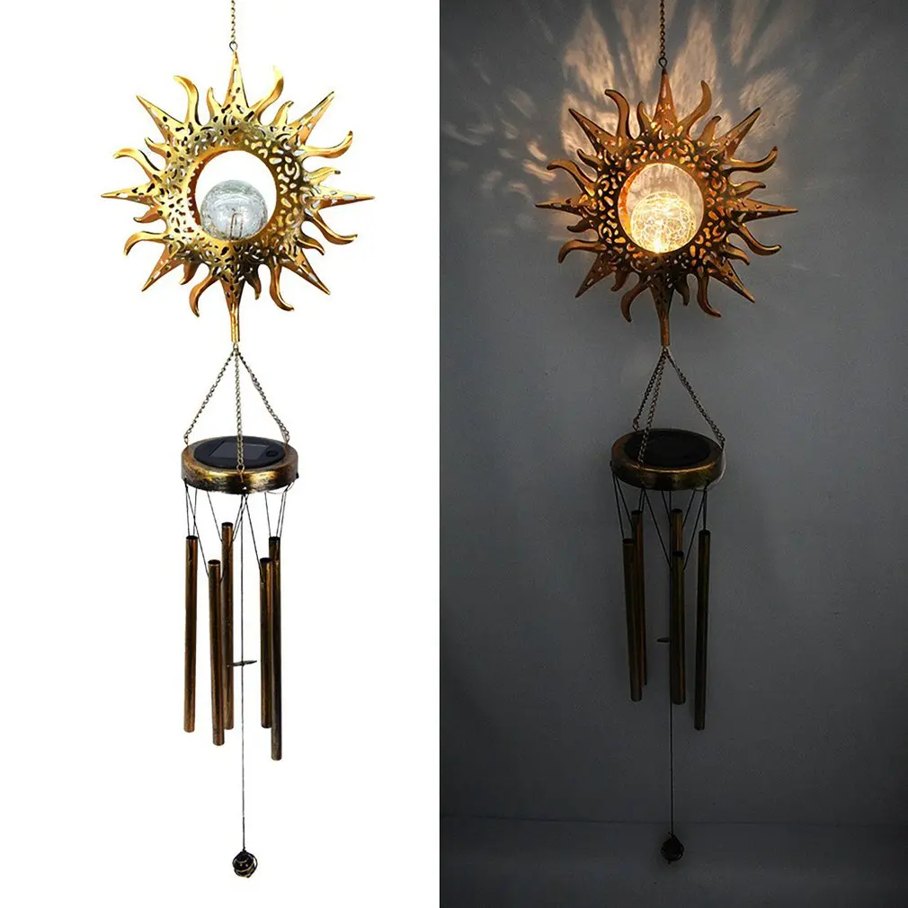 

New household products Solar Garden Light Wrought Iron Hollow Solar Sun Moon Wind Chime Pendant Outdoor Landscape Decoration