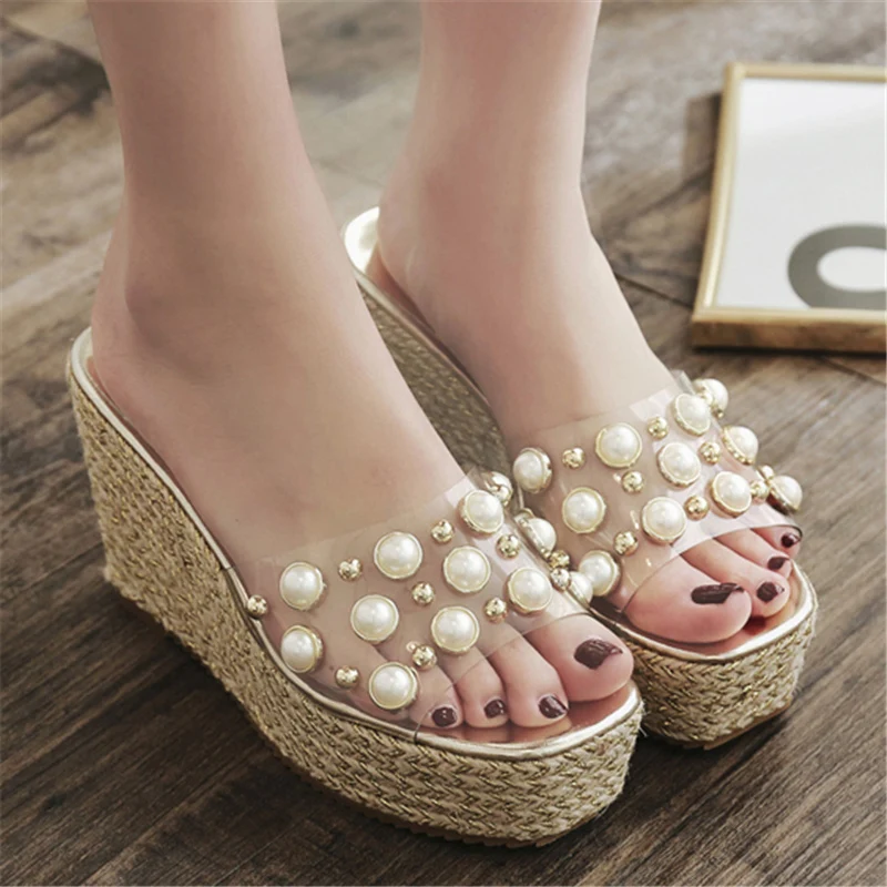 2019 г. женские сандалии на танкетке с жемчужинами и блестками шлепанцы платформе 4