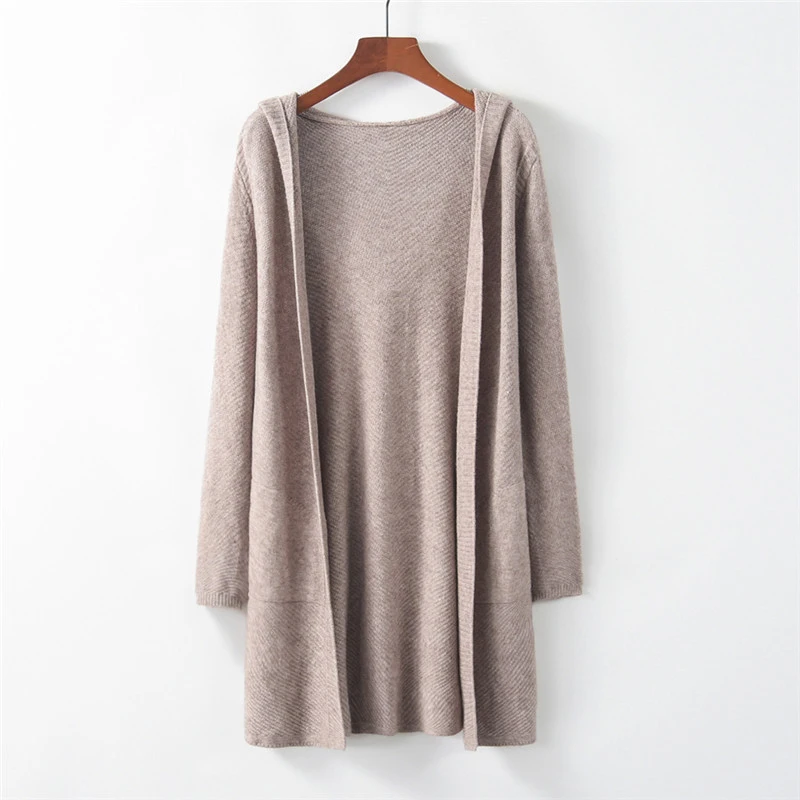 

Women Long Sleeve Elegant Pocket Knitted Sweater Coat Winter Spring Female Cardigans Loose Soild Hooded Cardigan