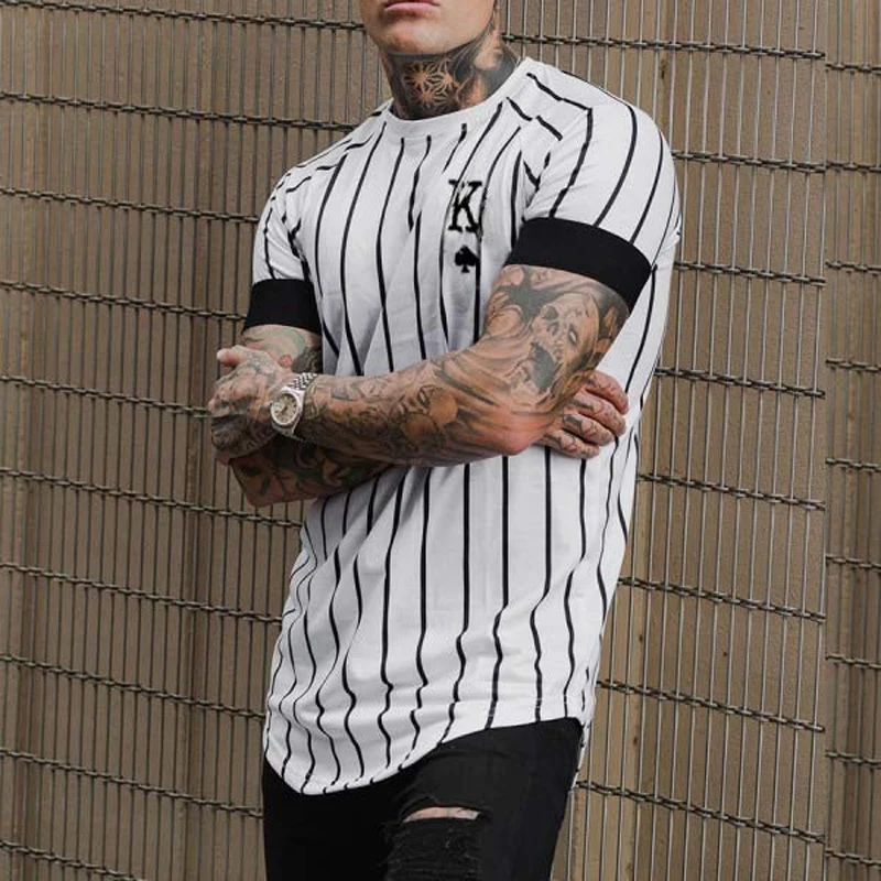 

New Poker A Stripe Print Rub Rotator Sleeve Patchwork Men's T-Shirt Top Men's casual round neck, striped short sleeve