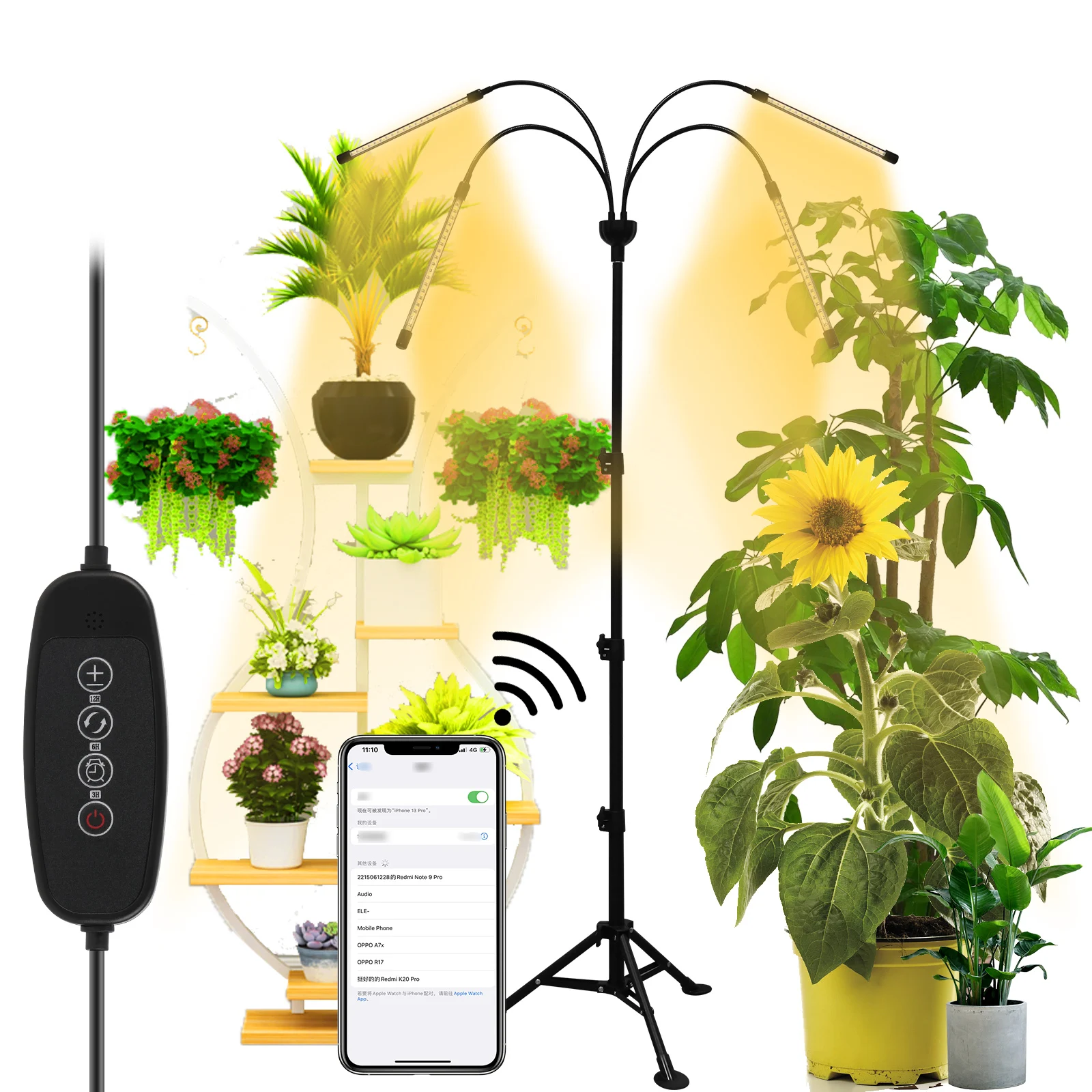 

Grow Light with Stand Full Spectrum Grow Lights with Phone APP for Indoor Plants 9 Brightness 3/6/12H Timer Adjustable Gooseneck