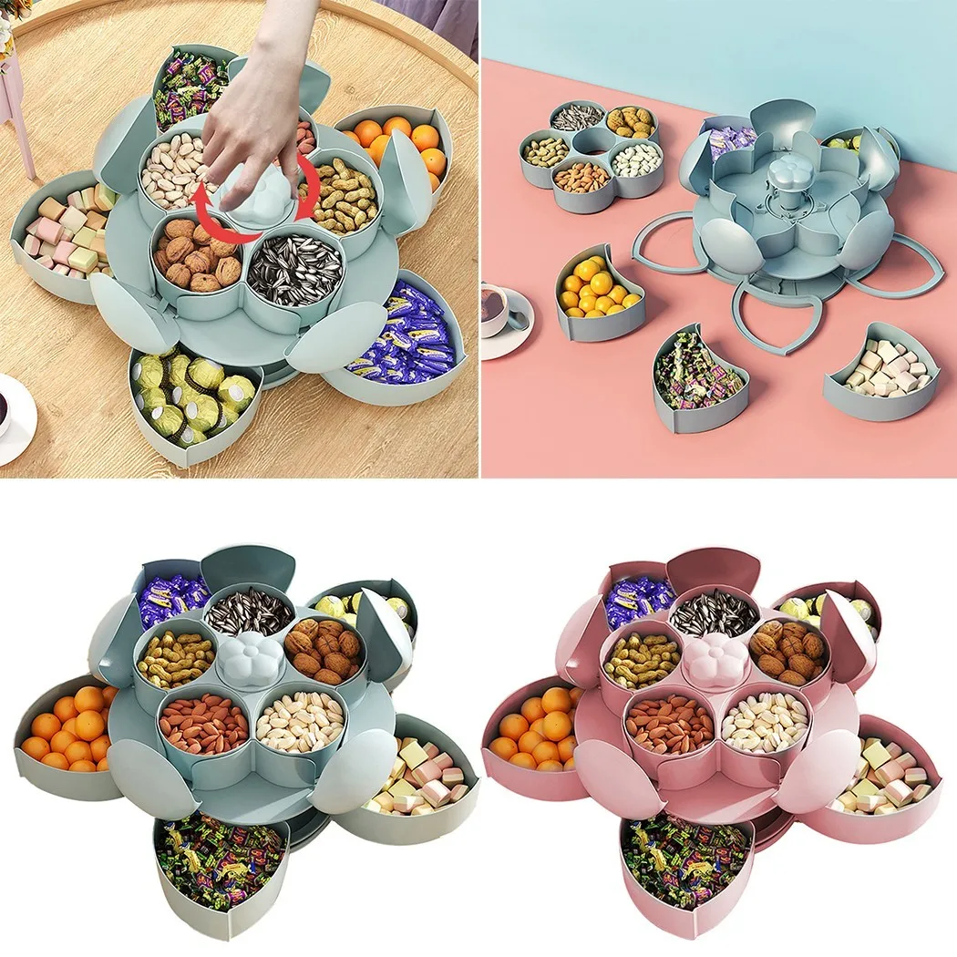 

Rotating 2-Layer Petal Candy Box Plastic Snack Tray Case Nut Rotation Dried Fruit Plate Wedding Party Home Organizer Box