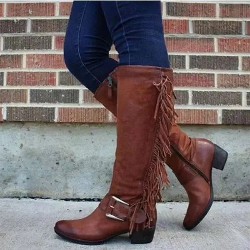 Женские сапоги до колена обувь на среднем каблуке женские ботинки Винтажная из