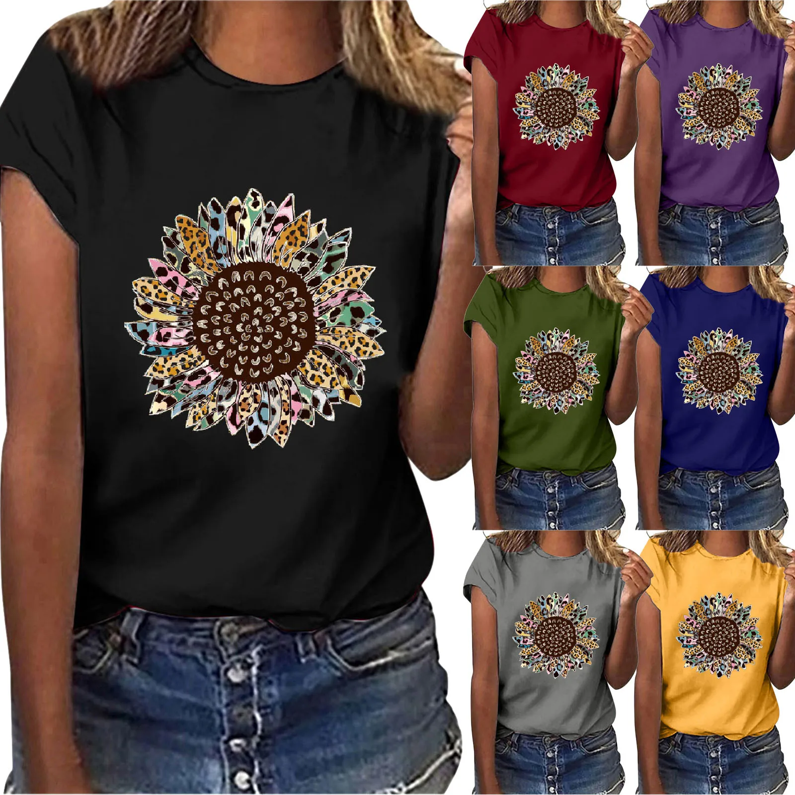 

Oversize T-shirt Women Clothes Summer Casual Sunflower Printing Short Sleeves O-neck Tops Ladies Loose Daily Blouse Tops#35