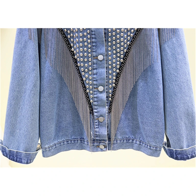 

Autumn Winter New Denim Coat Woman Fashion Tassel Diamond Rivet Denim Jacket Korean Loose Short Outwear Women Jeans Jacket D3279