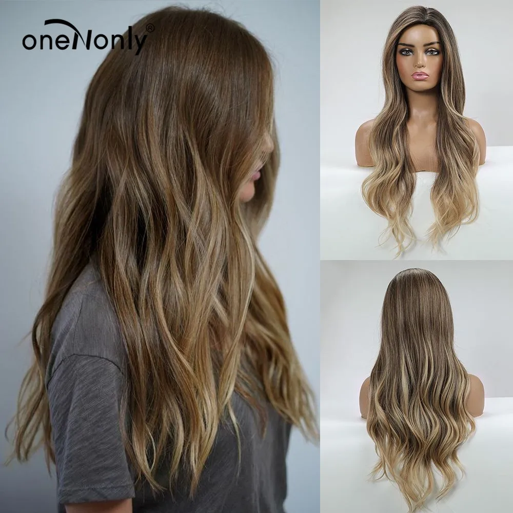 

oneNonly Long Wave Ombre Dark Brown to Blonde Synthetic Wigs for Women Natural Hair Daily Party Cosplay Curly Wig False Hair