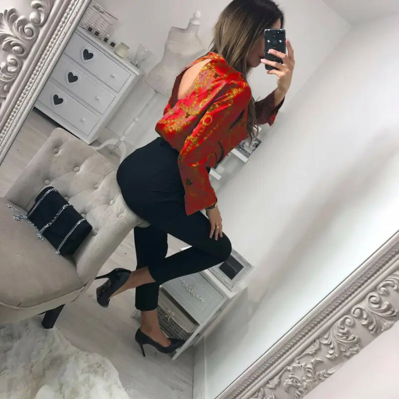 

Women Floral Wrap V Neck Bodysuit Jumpsuit Long Sleeve Leotard Top Plunge Romper
