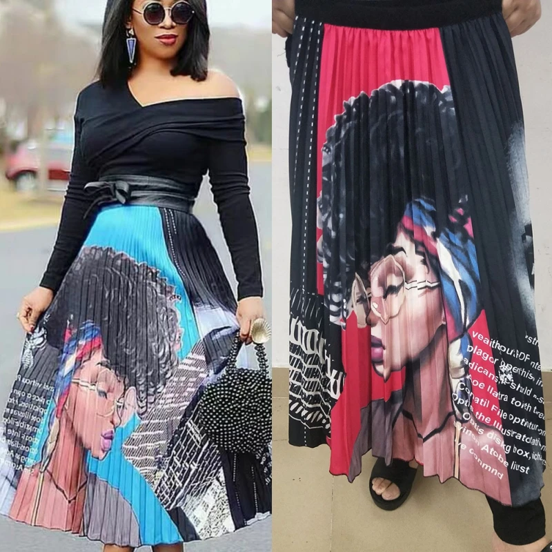 X Fashion Skirts Womens Cartoon Explosion Head Beauty Print Pleated Skirt High Waist Personality Maxi Elastic A-line | Женская одежда