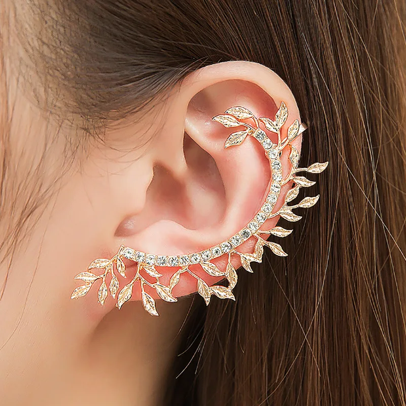 

WANGAIYAO new earrings temperament leaf inlaid zirconium earrings women's creative single domineering exaggerated ear hanging ea