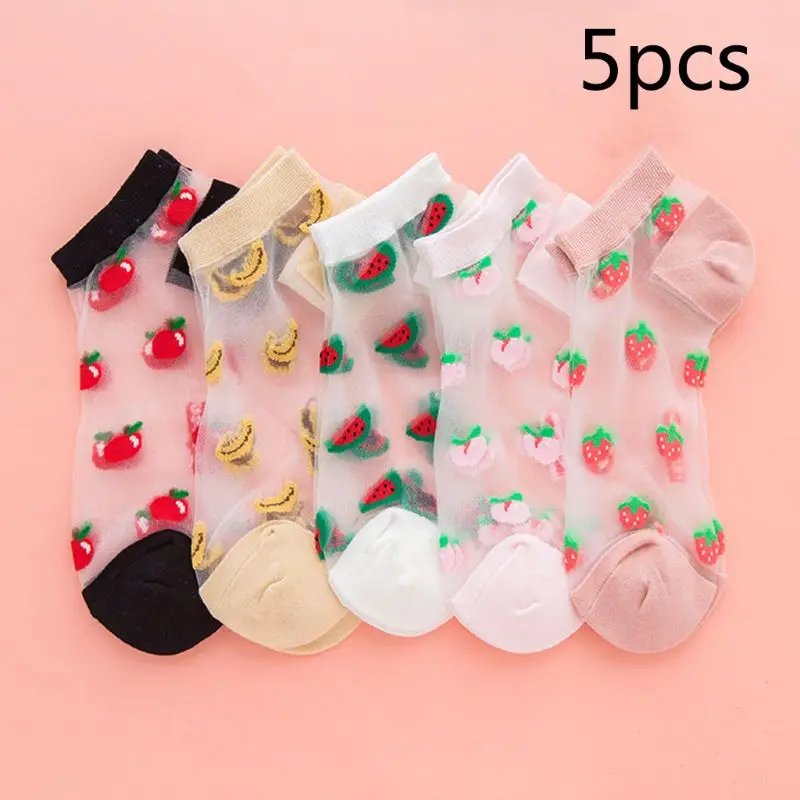 

5 Pairs Women Transparent Crystal Fiber Cute Fruit Jacquard Invisible Boat Socks Y5GC