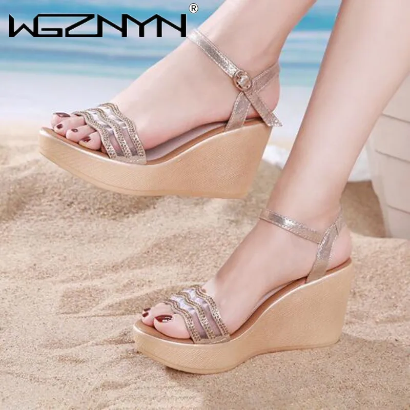 

Sandalias Mujer 2021 NEW Rhinestone Sandals Platform Women Ankle Strap Shoes Women Fashion High Heels Wedges Dress Party Shoes