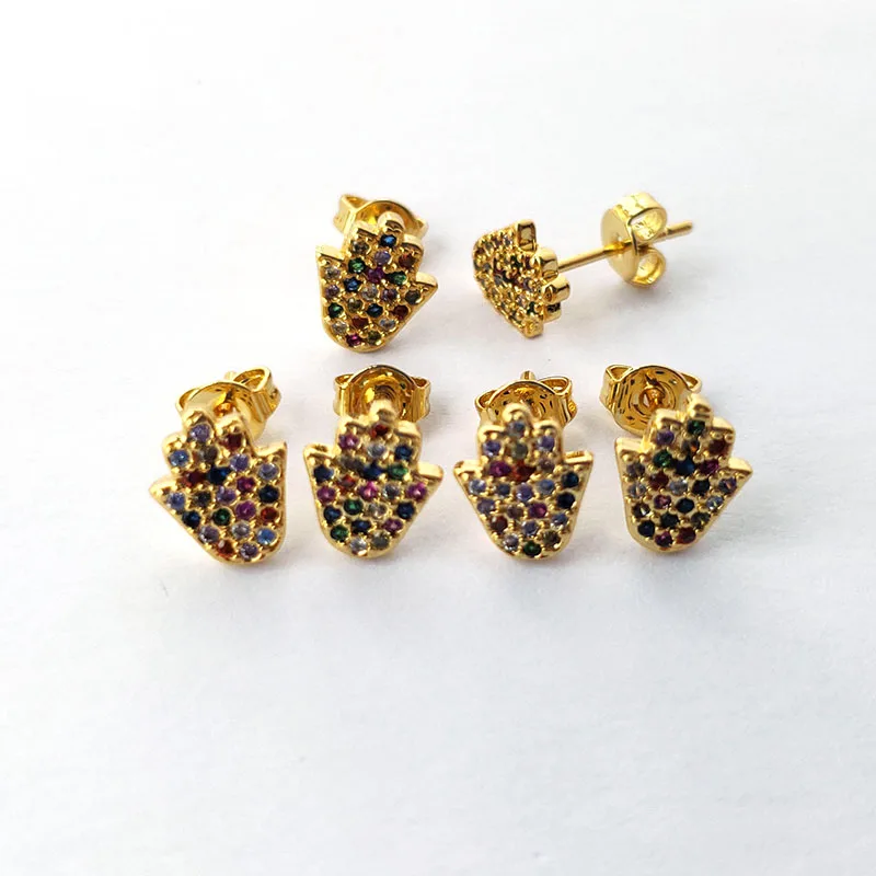 

10 Pairs Fashion Jewelry Gold Color Colorful CZ Rainbow cubic zirconia Micro Pave Hamsa Hand Stud Earrings Xmas Gift ER949