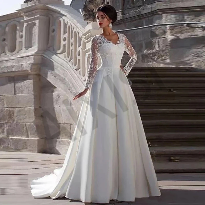 

Jasmine Wedding Dress V Neck Illusion Full Sleeve A-Line Elgant Satin Bride Vestido Belt Lace Pure Love Robe de mariee